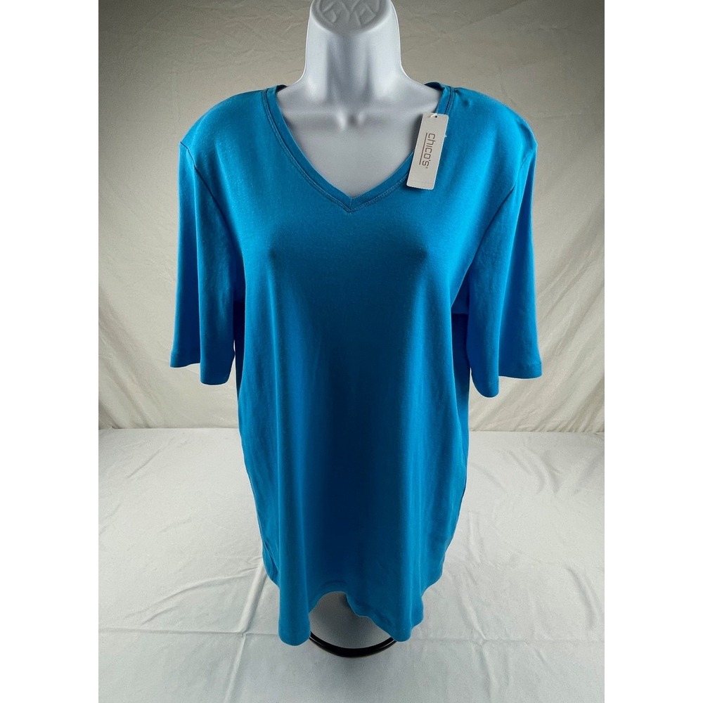 Chicos Blue V-Neck Cotton Short Sleeve T-Shirt Size 2 Large